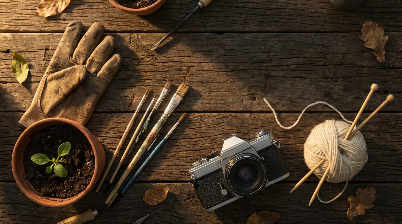 High angle flat lay of artisan tools for gardening, painting, photography, and knitting.