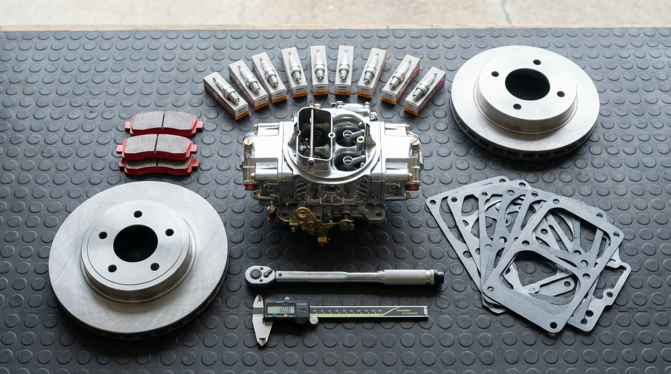 High angle flat lay of clean classic car engine and brake parts for restoration.