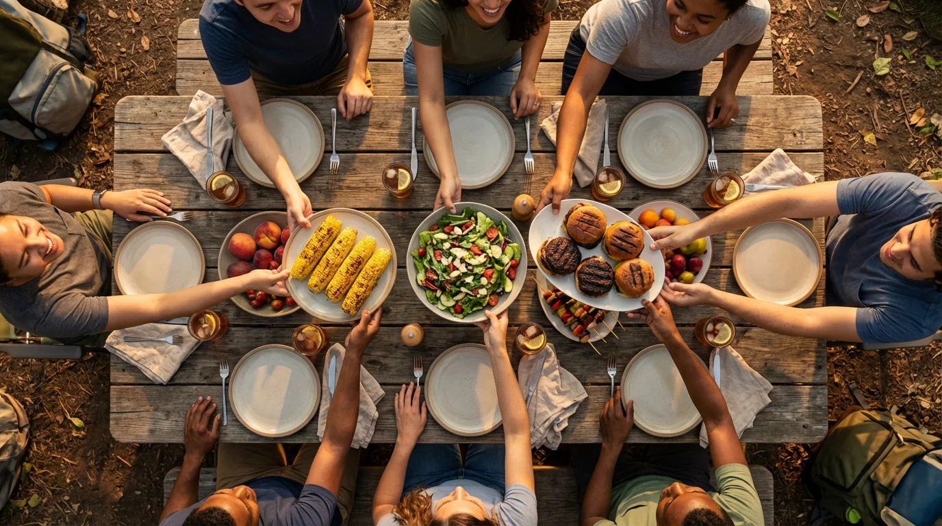 High-angle flat lay of diverse hands sharing a communal meal at a campsite picnic table.