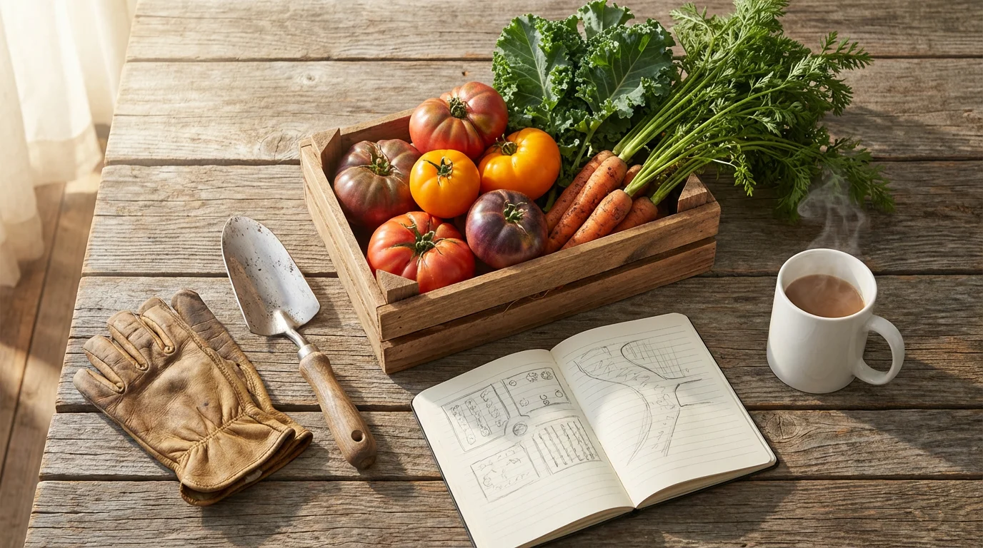 High angle flat lay of fresh garden vegetables, gloves, and planning sketches on a rustic table.