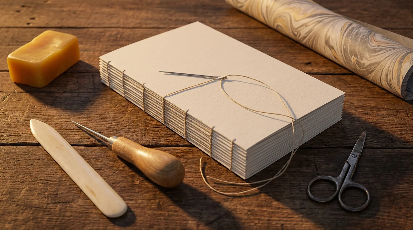 High angle flat lay of hand bookbinding tools and a partially sewn book.