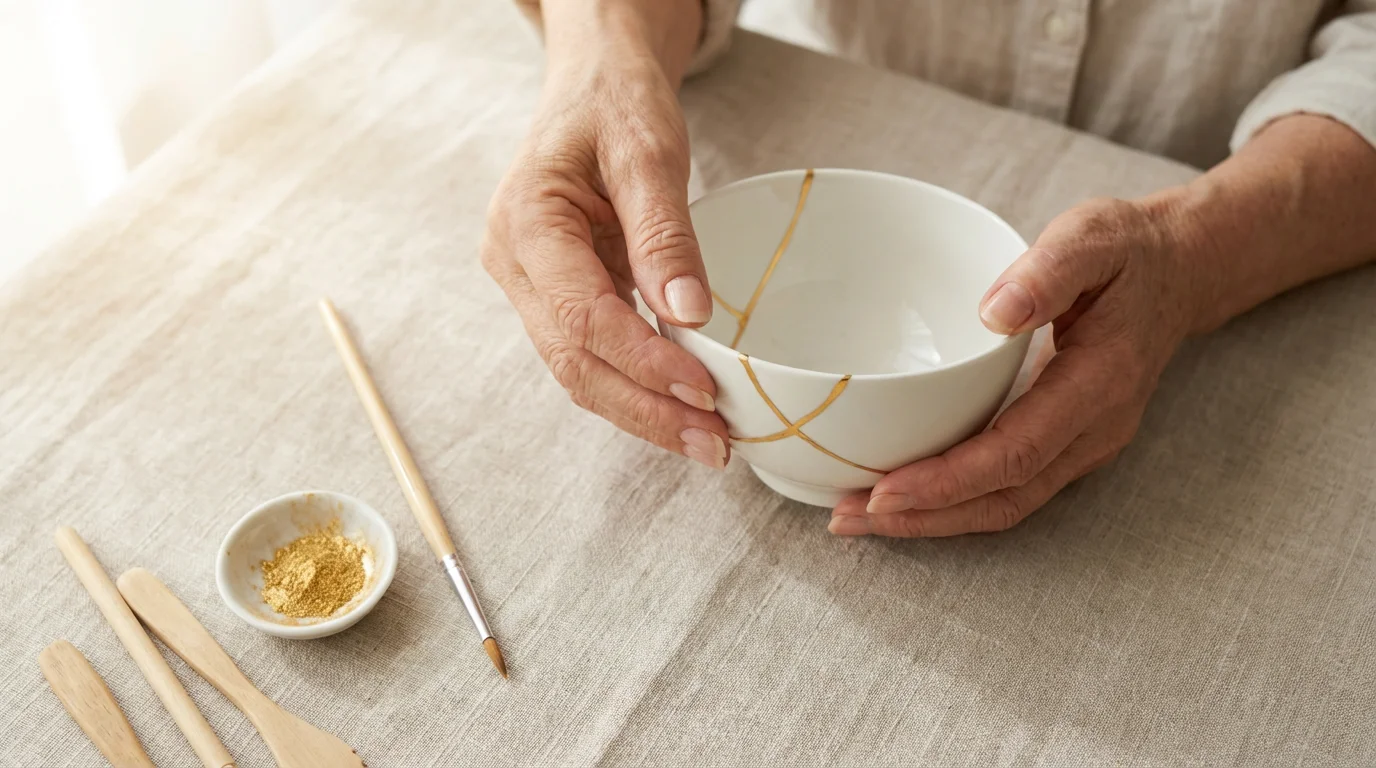 High angle flat lay of hands repairing a broken ceramic bowl with gold kintsugi.