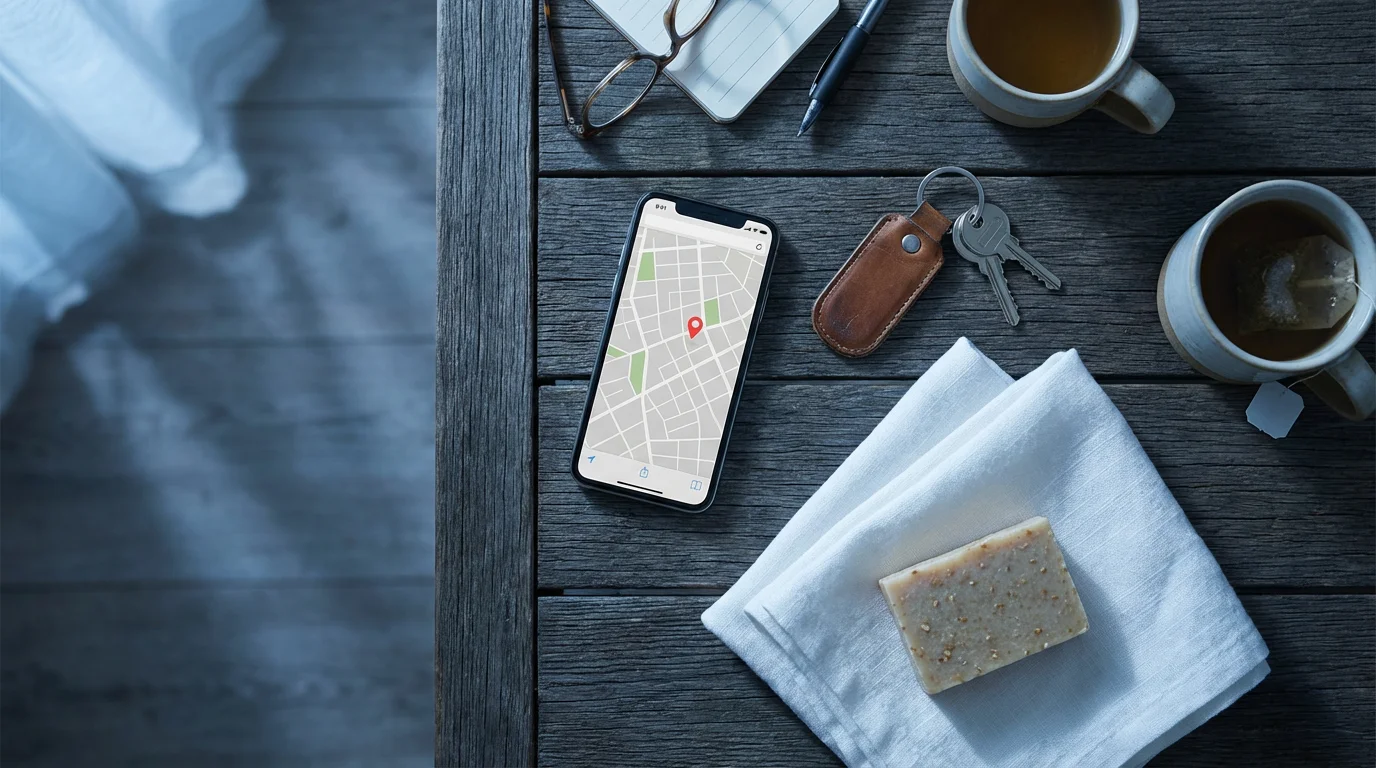 High angle flat lay of house keys, towels, and a phone with a map.