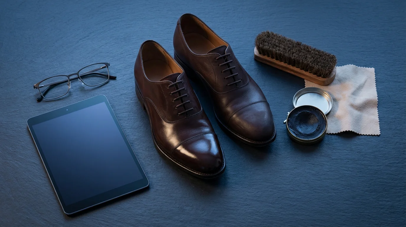 High angle flat lay of leather shoes being polished next to a tablet.