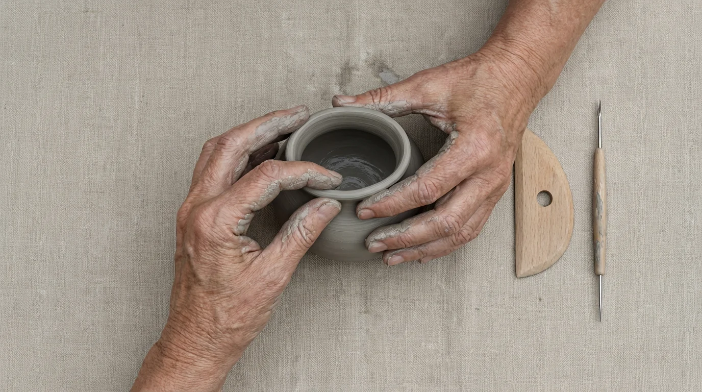 High angle flat lay of older hands sculpting a small pinch pot from grey clay.
