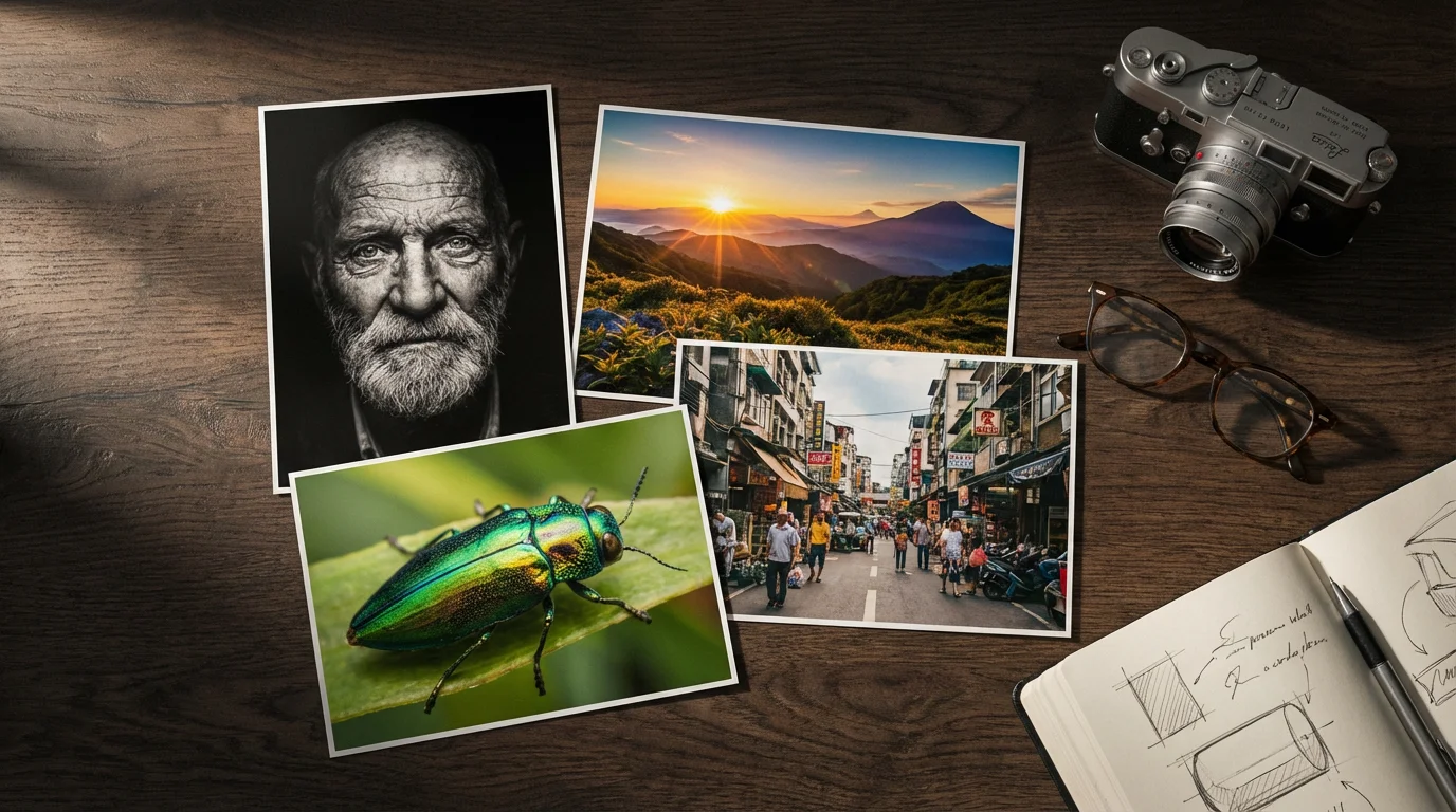 High angle flat lay of printed photos showing different photography genres on a desk.