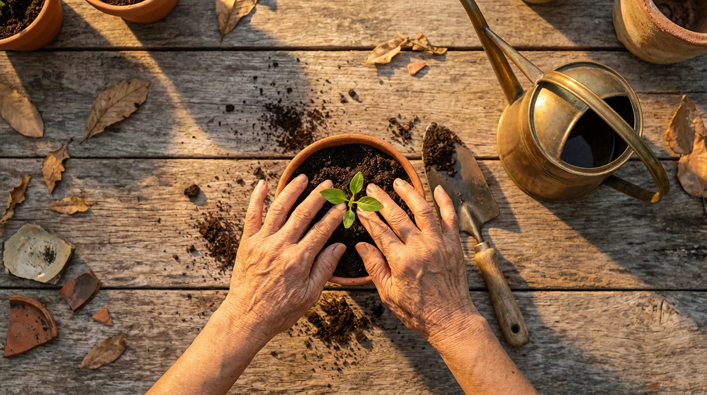 High angle shot of experienced hands planting a small green seedling in a pot.