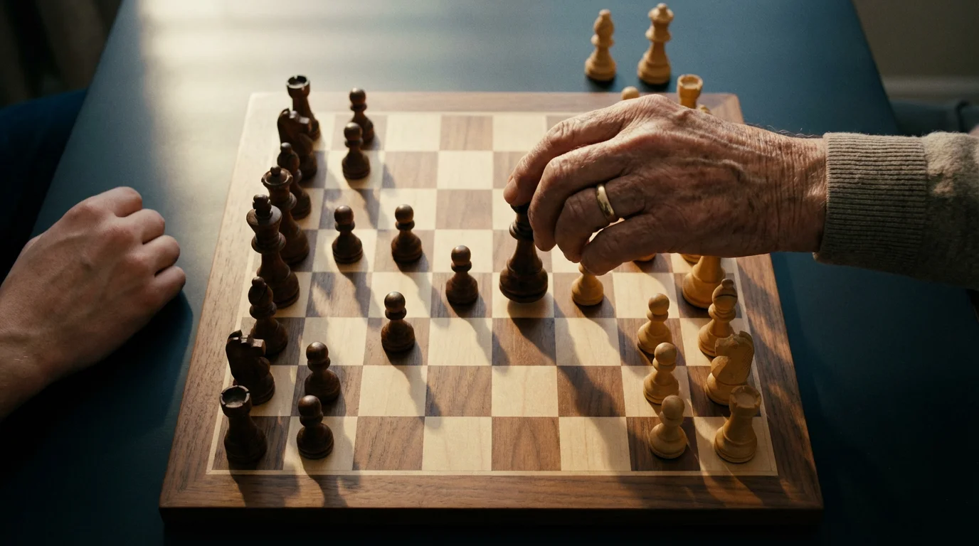 High-angle view of a mentoring chess game with long afternoon shadows.