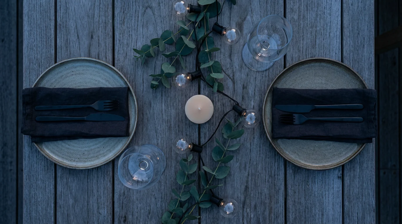 High angle view of an elegant outdoor dining setting on a wooden table at dusk.