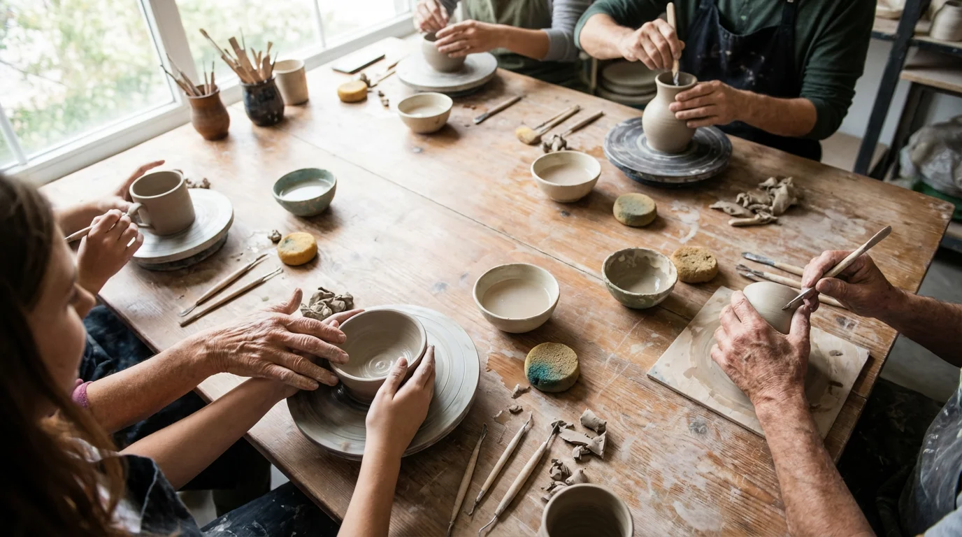 High angle view of diverse hands working on pottery projects in a community class.