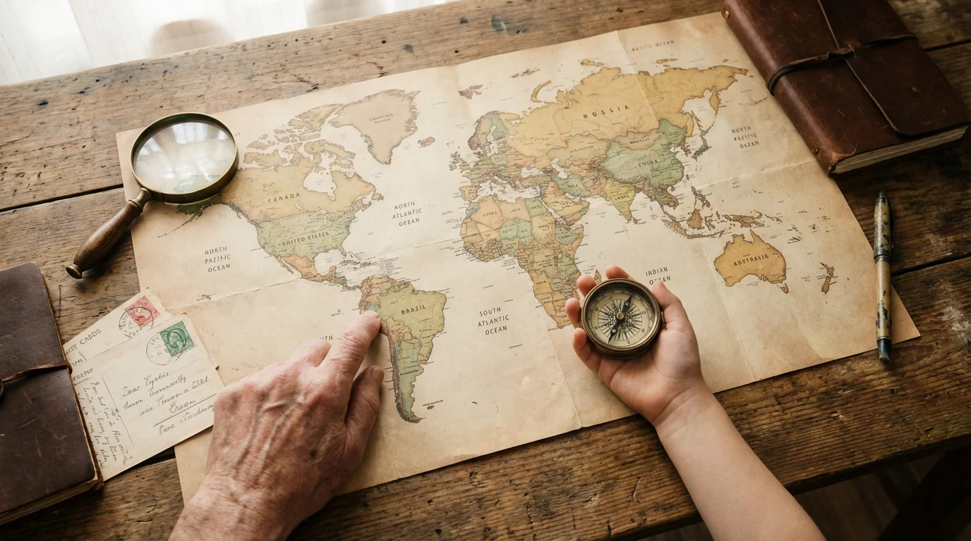 High angle view of grandparent and grandchild's hands planning an adventure on a map.
