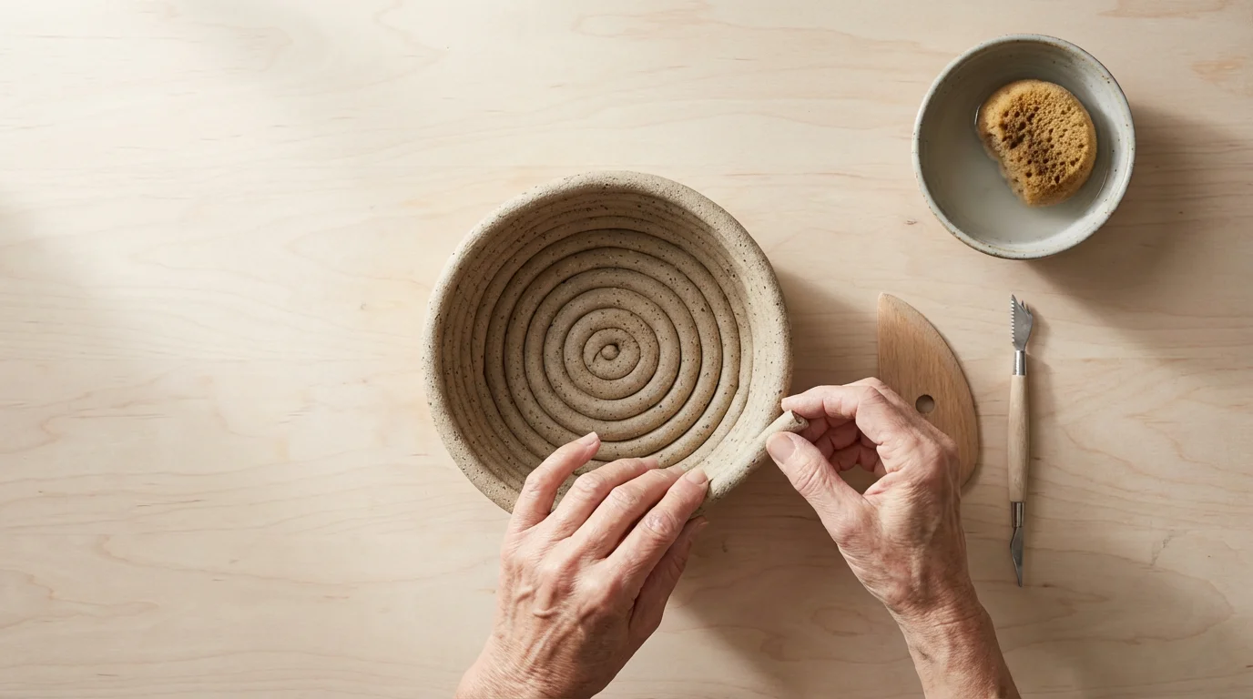 High angle view of hands coil-building a ceramic pot on a wooden workbench.