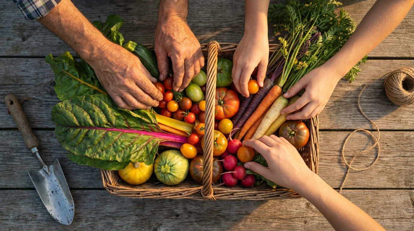 High angle view of older and younger hands packing a basket with fresh vegetables.