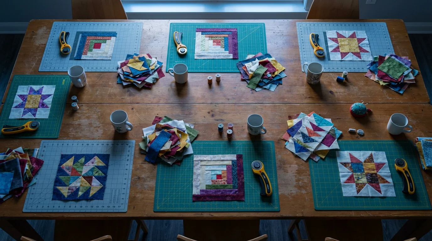 High angle view of quilting tools and fabric blocks on a communal craft table.