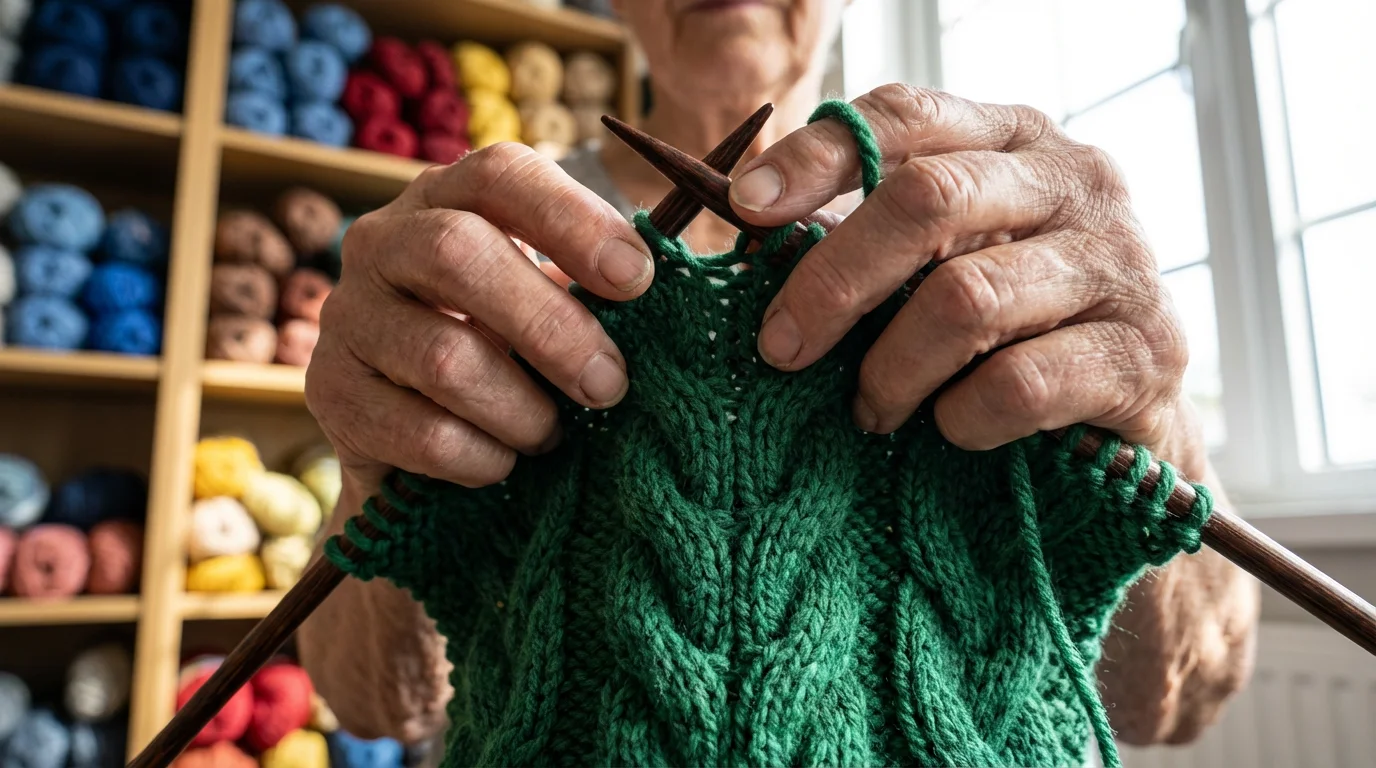 Low angle close-up of skilled hands knitting a complex, advanced cable stitch pattern.