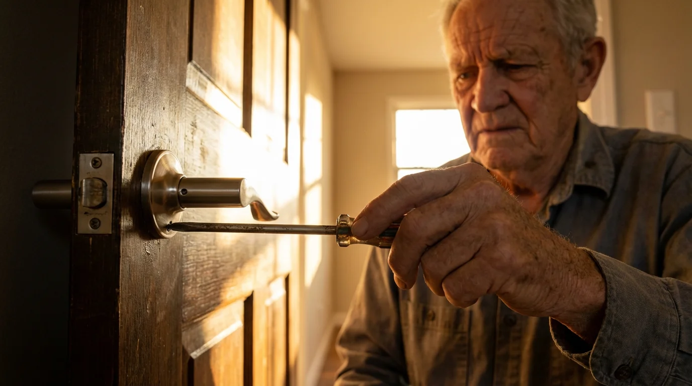 Low angle closeup of a senior person's hand tightening a door handle screw.