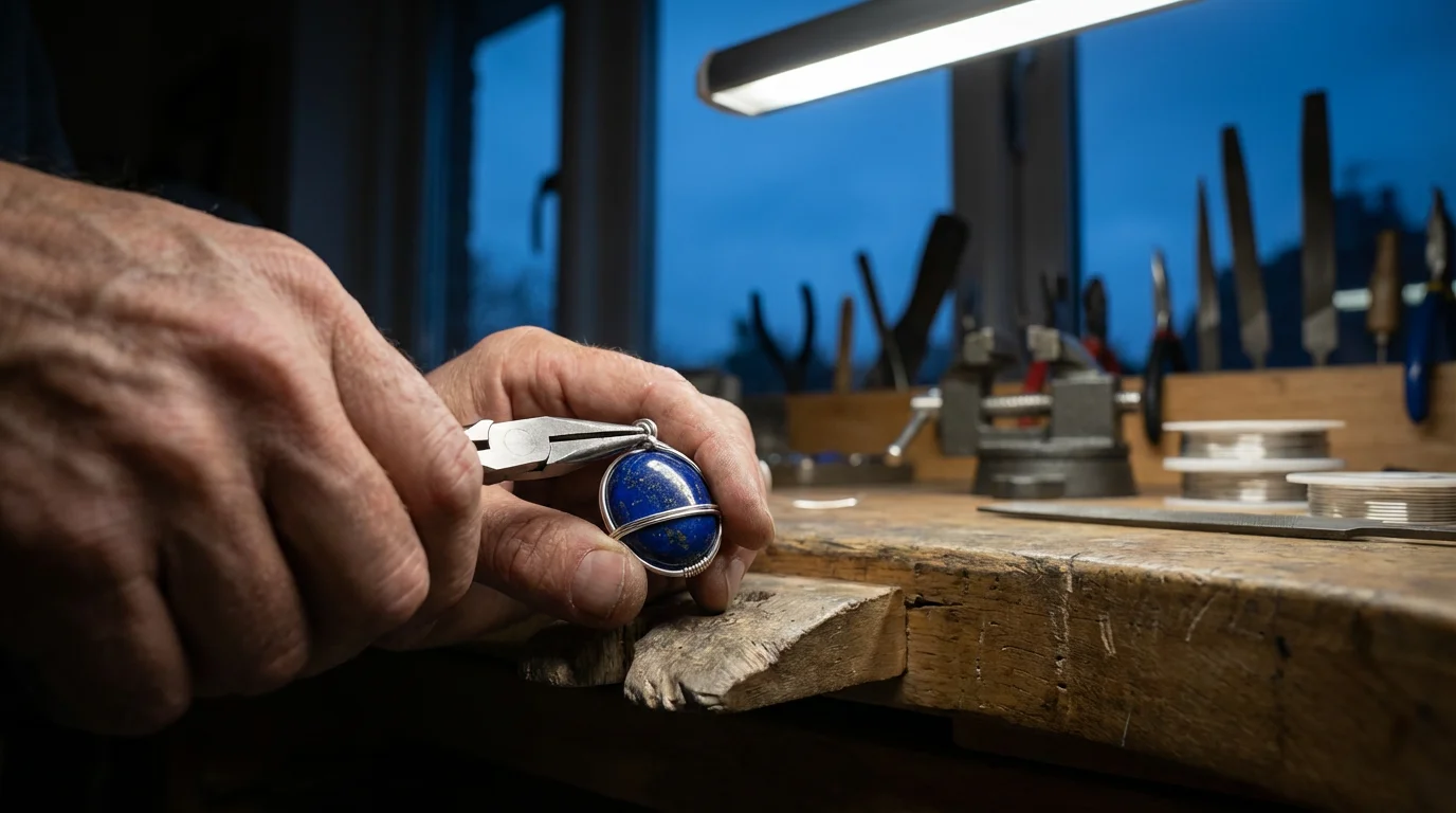 Low angle closeup of hands wire-wrapping a blue gemstone on a professional jeweler's bench.