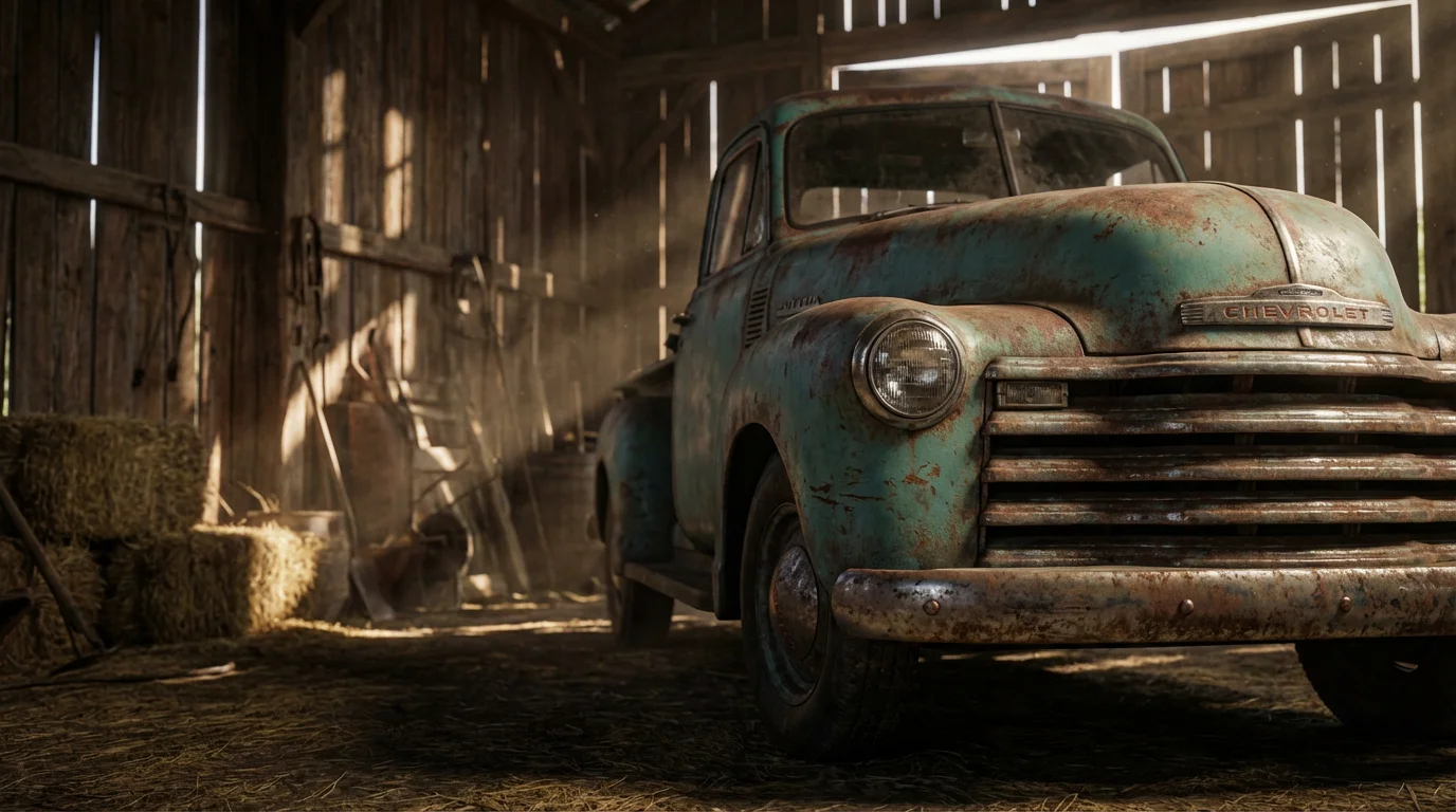 Low angle photo of a dusty vintage 1950s pickup truck in a barn.