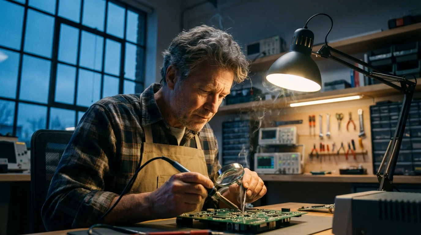 Low angle photo of a mature man learning electronics in his workshop at dusk.