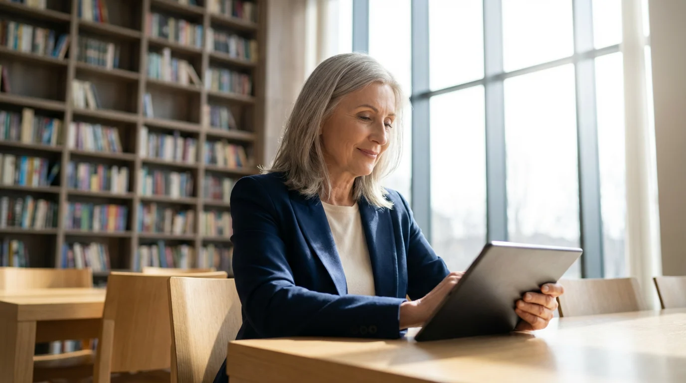 Low angle photo of a mature woman confidently using a tablet in a bright library.