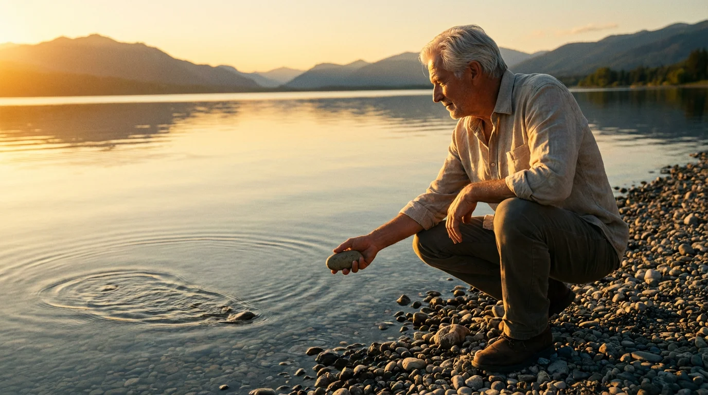 Low angle photo of a senior man peacefully skipping a stone across a lake.