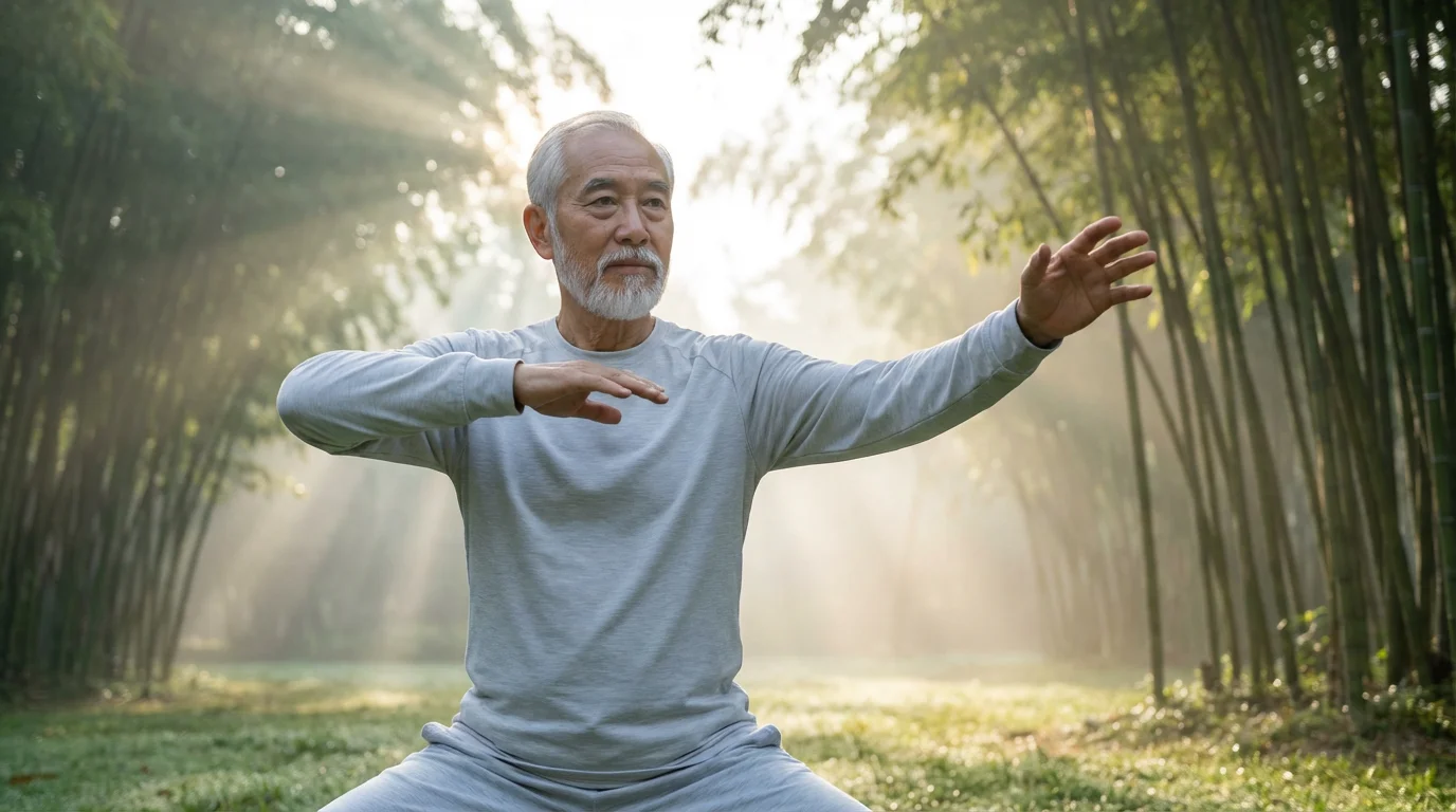 Low angle photo of a senior man practicing Tai Chi in a serene park at sunrise.