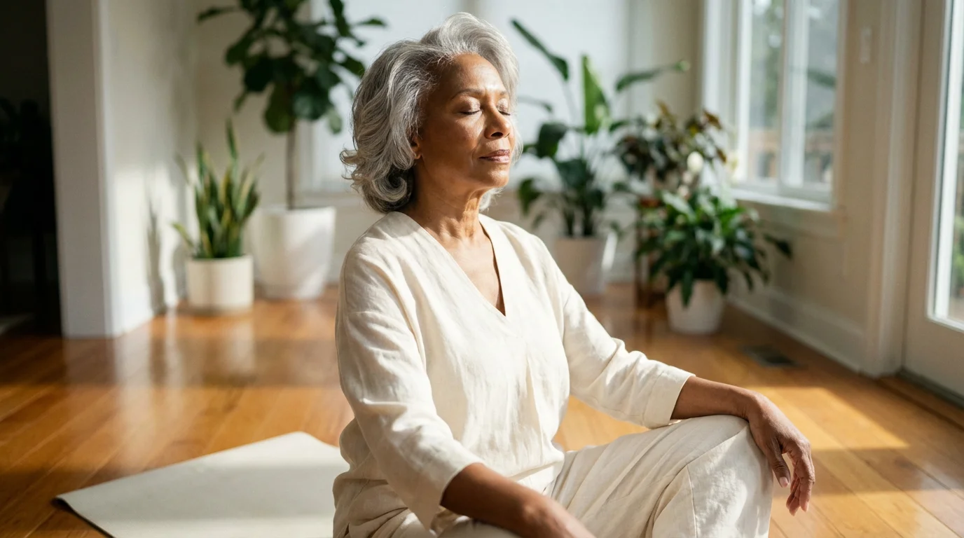 Low angle photo of a senior woman meditating peacefully in a bright, sunlit room.