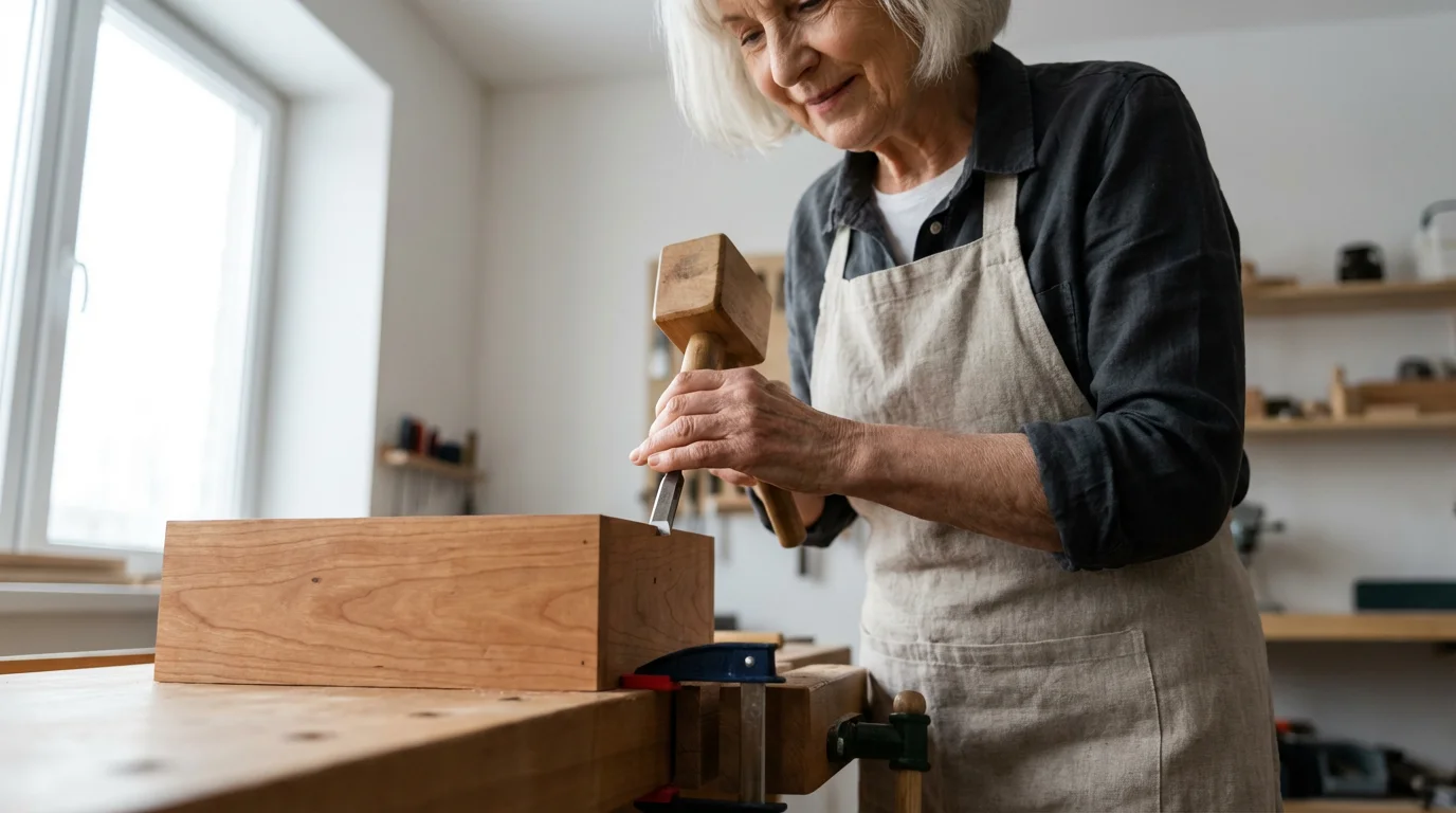 Low angle photo of a senior woman's hands skillfully using a chisel on a wooden box.