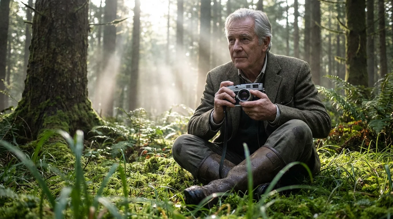 Low angle photo of an older man with a film camera in a misty, sun-dappled forest.