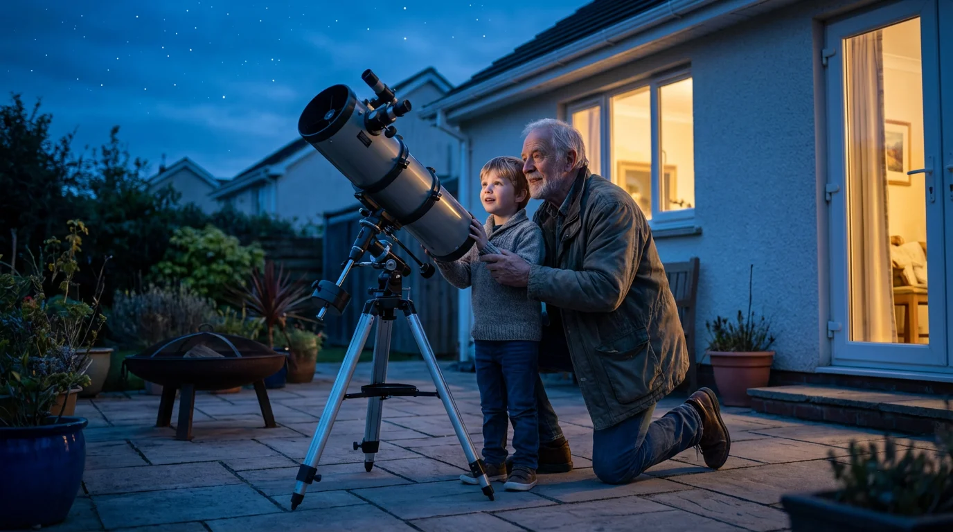 Low angle photograph of a grandfather and grandson looking through a telescope at dusk.