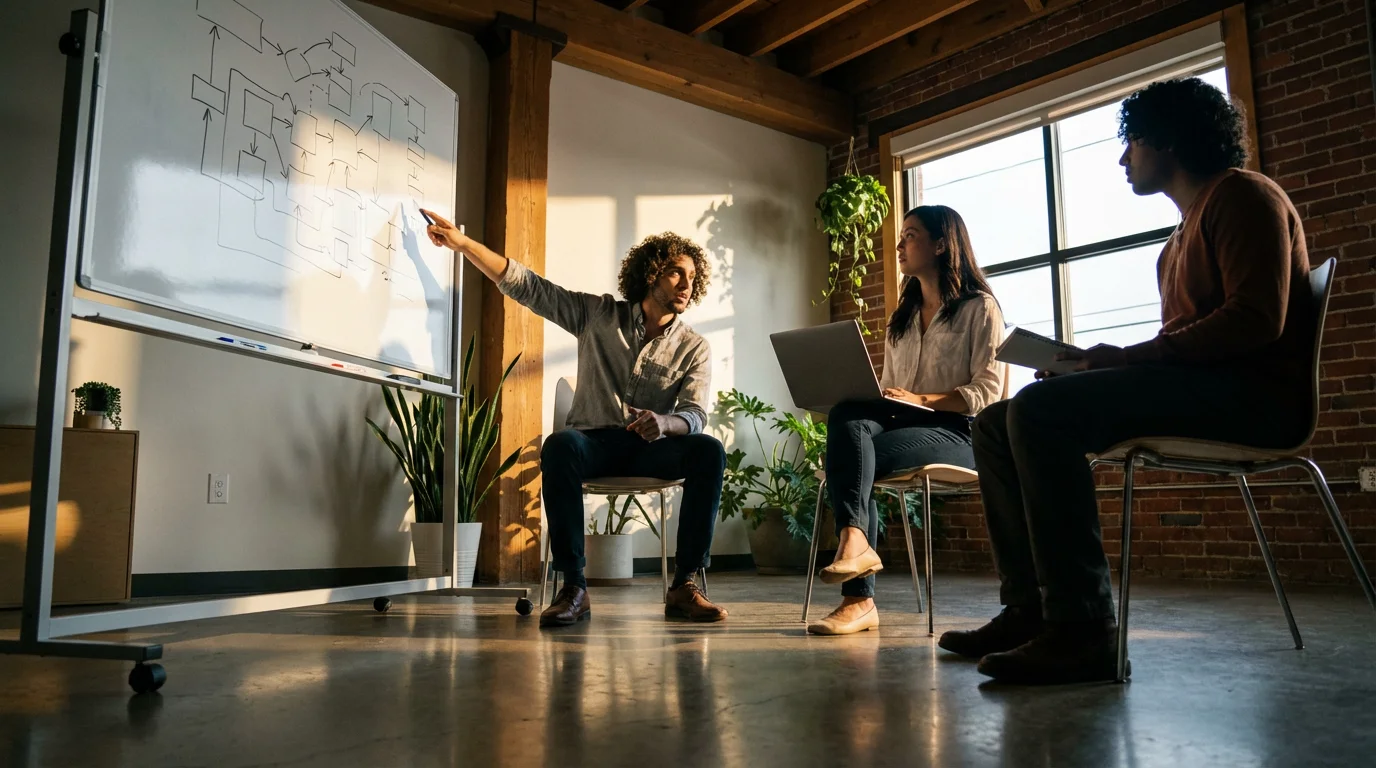 Low angle photograph of diverse volunteers brainstorming at a whiteboard in a sunlit room.