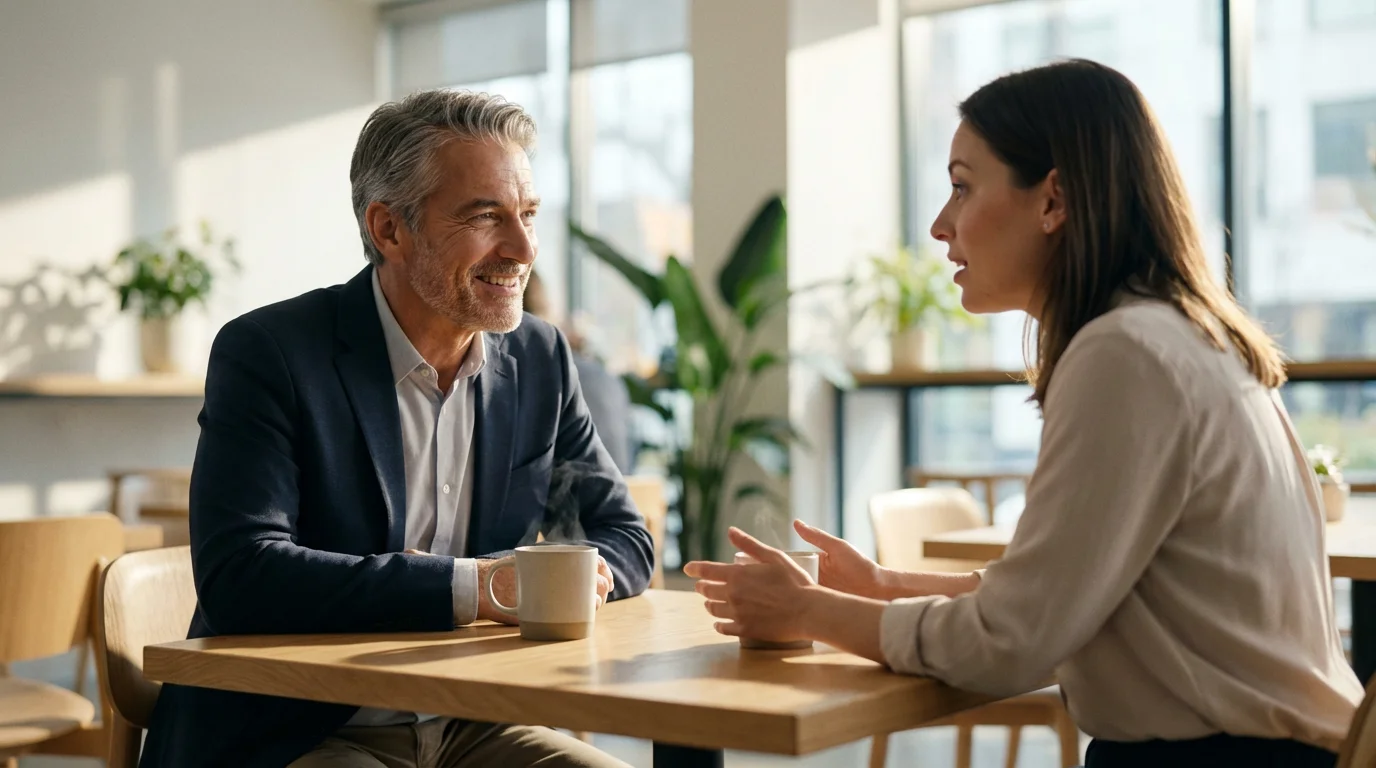 Low angle shot of a mature professional mentoring a younger colleague over coffee in a cafe.