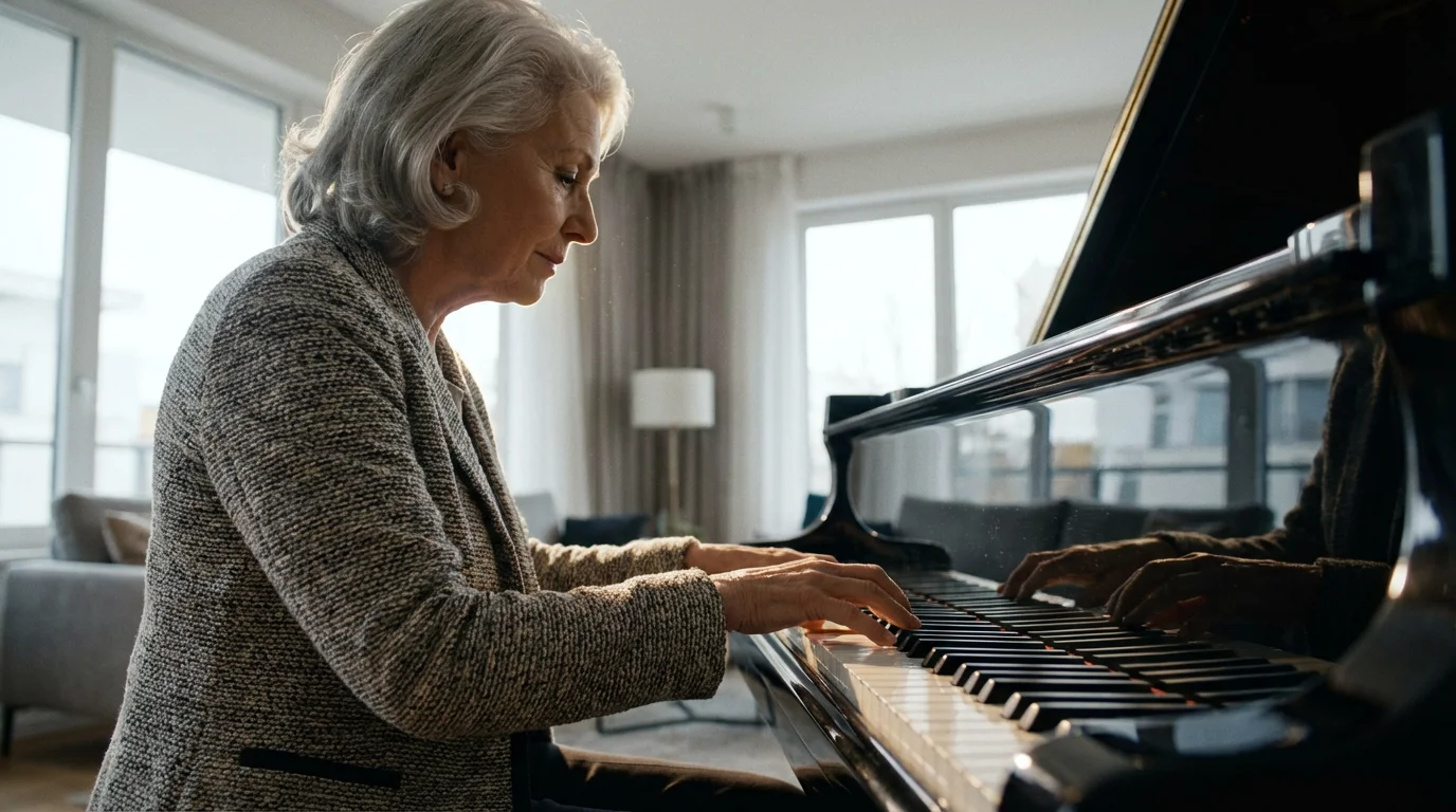 Low angle shot of a senior woman playing a grand piano in a sunlit room.
