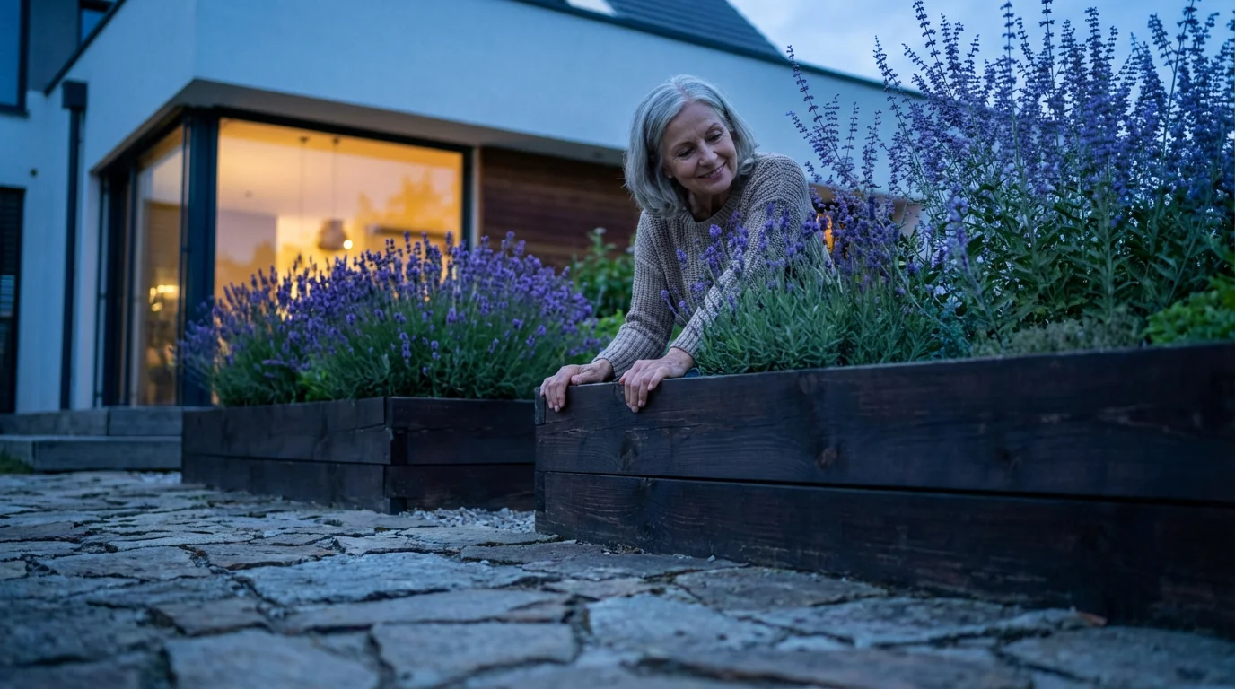 Low angle shot of a senior woman smiling proudly in her raised-bed garden at dusk.