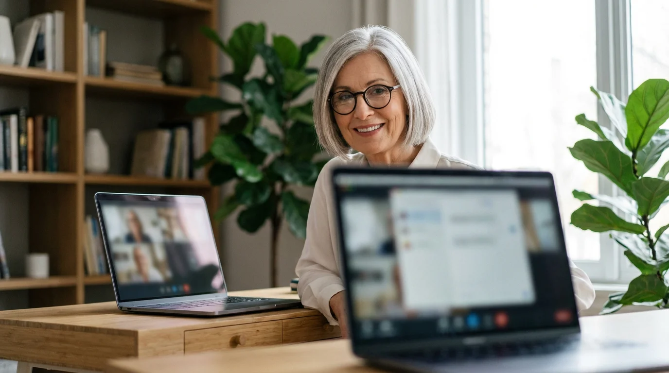 Low angle shot of a stylish senior woman smiling at her laptop during a video call.