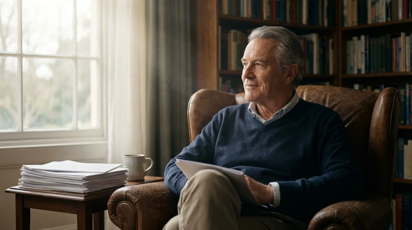 Low angle shot of a thoughtful senior man in an armchair, bathed in morning light.