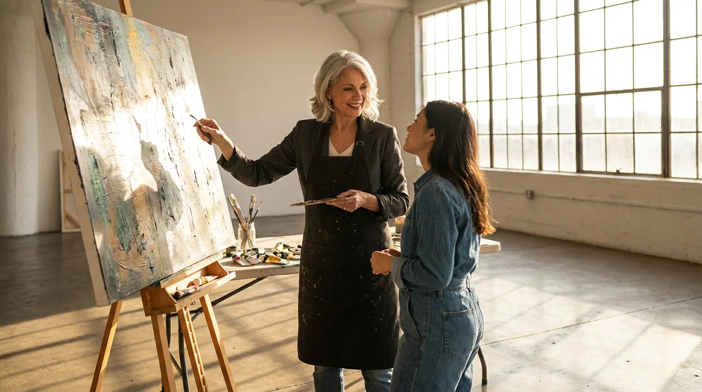 Low angle shot of an older female artist mentoring a younger painter in a studio.