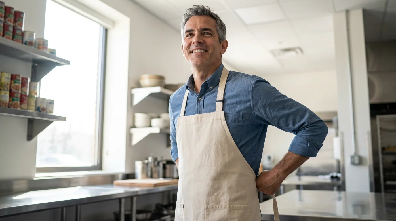 Low angle shot of an older male volunteer tying an apron in a community kitchen.