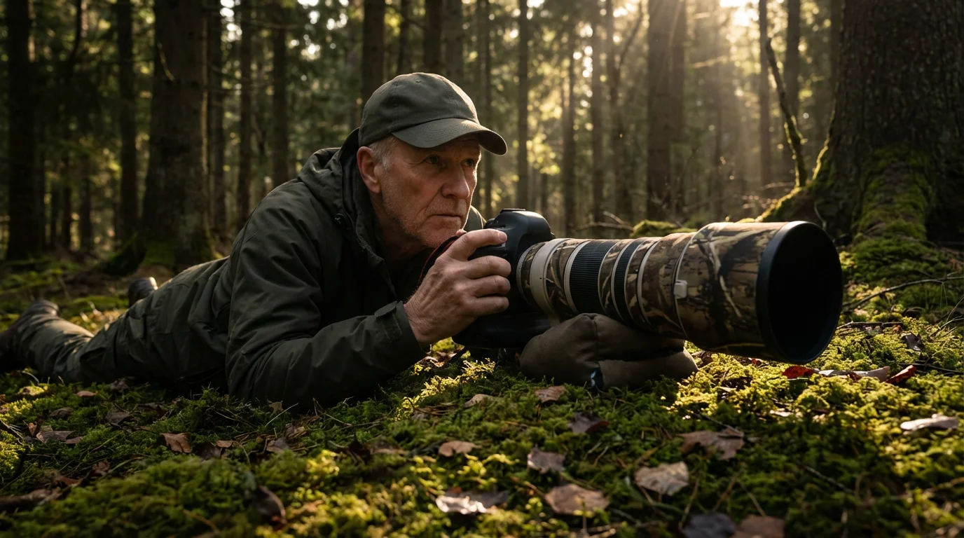 Low angle shot of an older man with a telephoto lens camera lying in a forest.