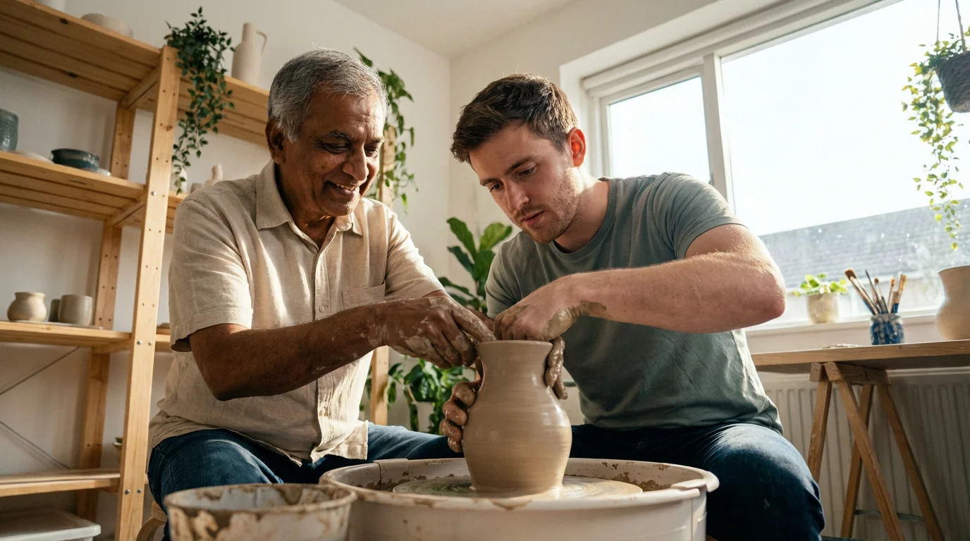 Low angle shot of an older mentor guiding a young man at a pottery wheel.