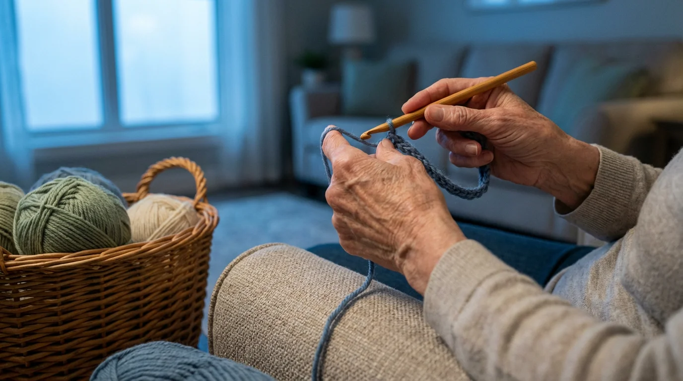 Low-angle shot of older hands beginning to crochet with blue yarn during twilight.