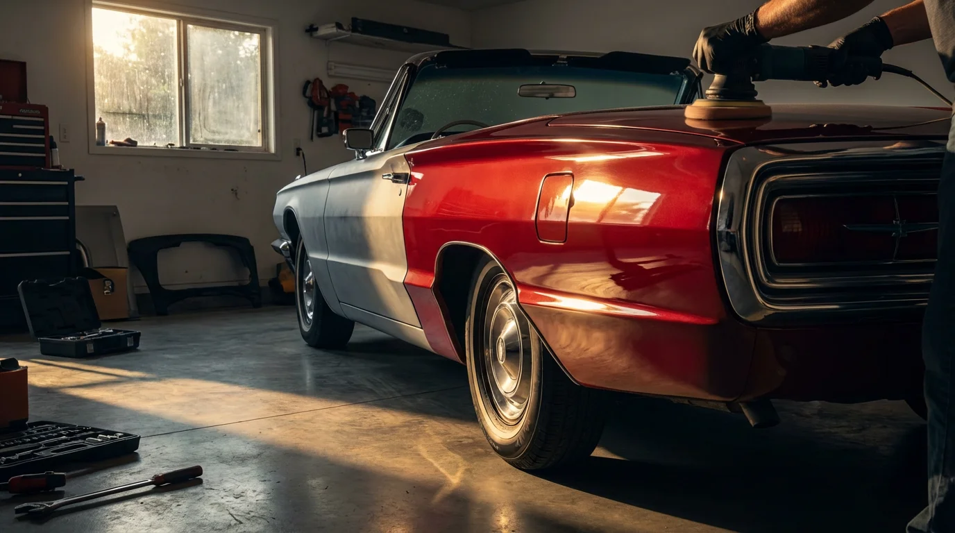 Low angle view of a classic car's red fender being polished during restoration.