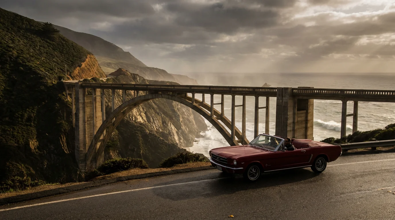 Low angle view of a classic convertible on a scenic coastal bridge at sunset.