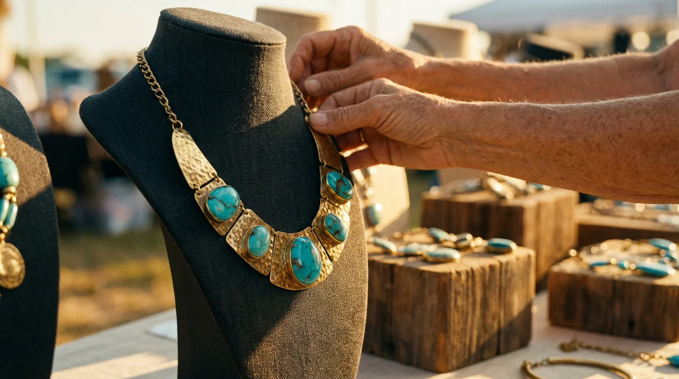 Low angle view of a handcrafted turquoise and brass necklace on a display bust.