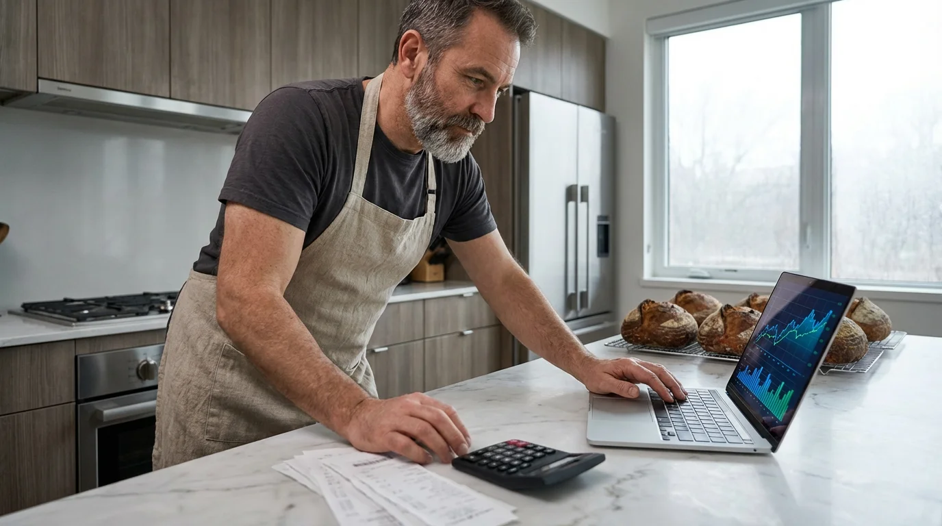 Low angle view of a self-employed baker managing his business finances in a modern kitchen.