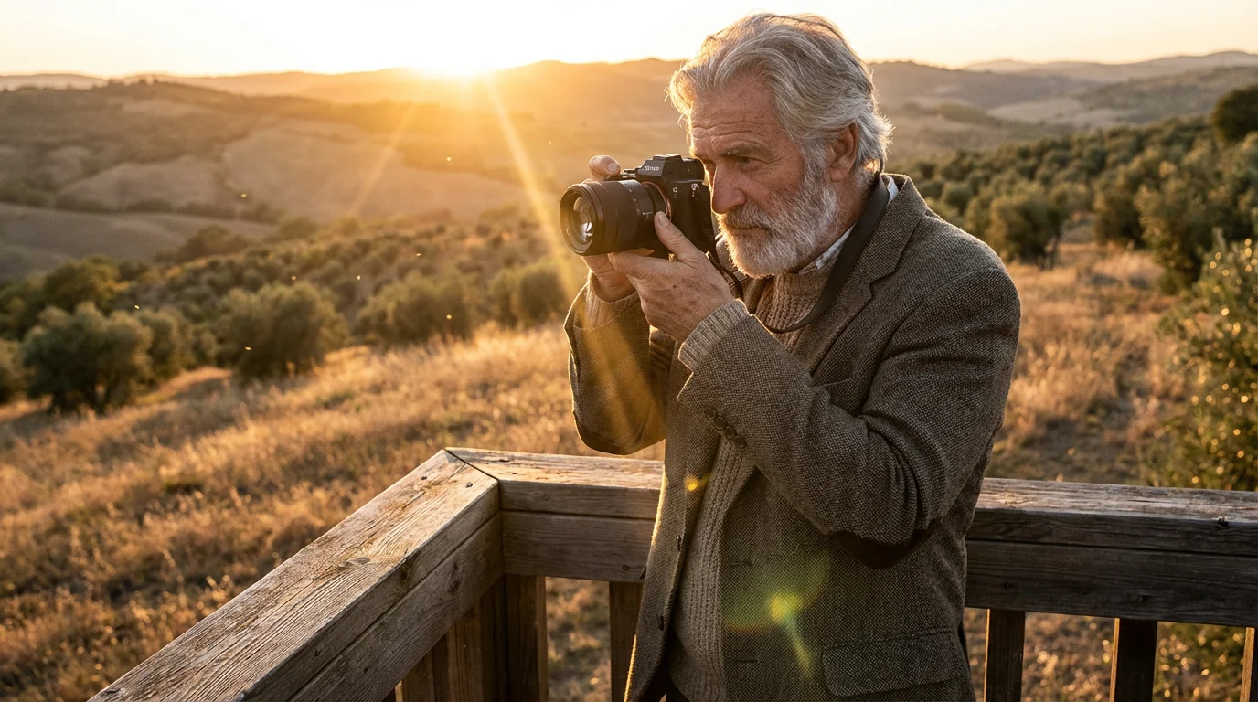 Low angle view of a senior man holding a mirrorless camera during a golden sunset.