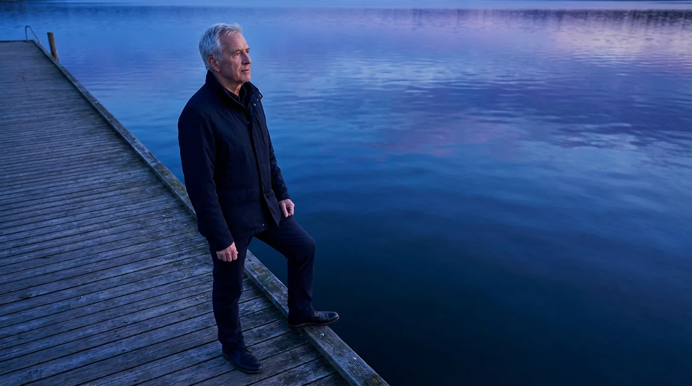 Low angle view of a senior man standing at the start of a pier at twilight.