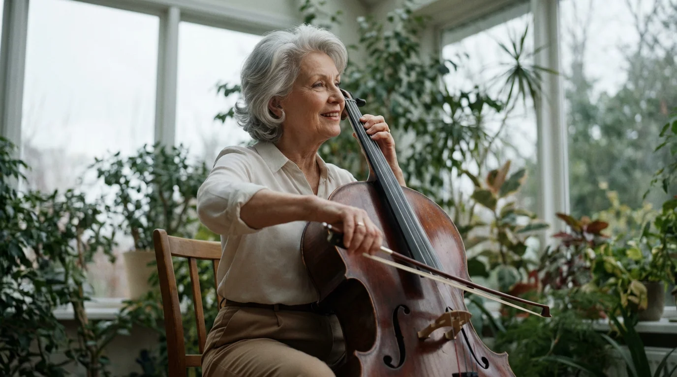 Low angle view of a senior woman joyfully practicing the cello in a bright sunroom.