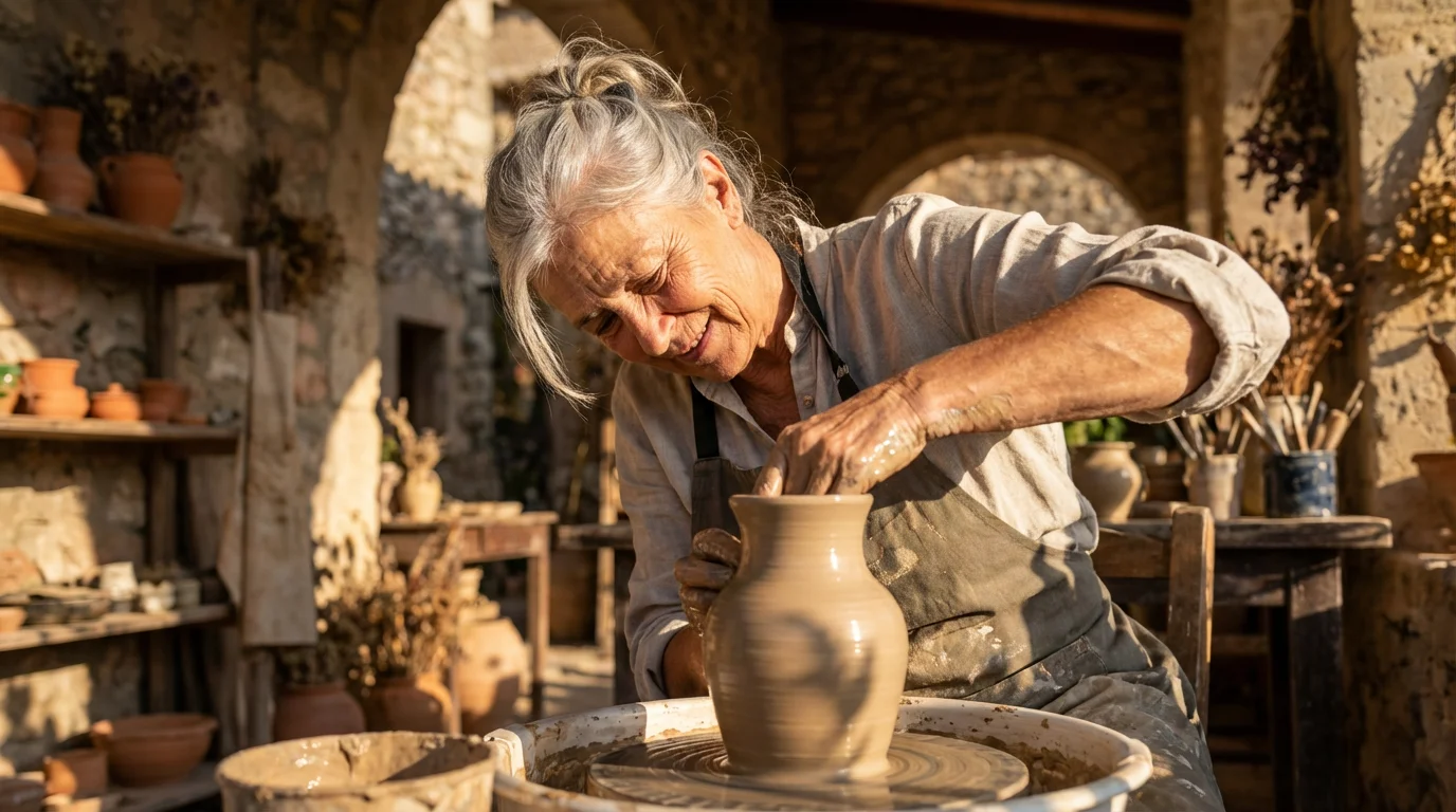 Low angle view of a senior woman making pottery on a wheel in a rustic studio.