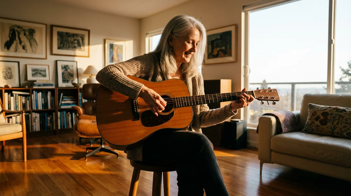 Low angle view of a senior woman playing acoustic guitar in a sunlit room.